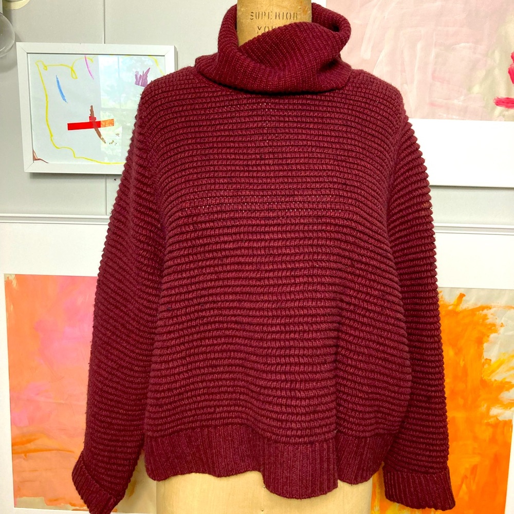 Madewell XL chunky knit turtleneck sweater with side placket, deep berry, boxy